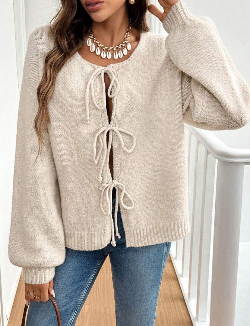 Women's Casual Loose Cardigan Lace-up Solid Color Sweater