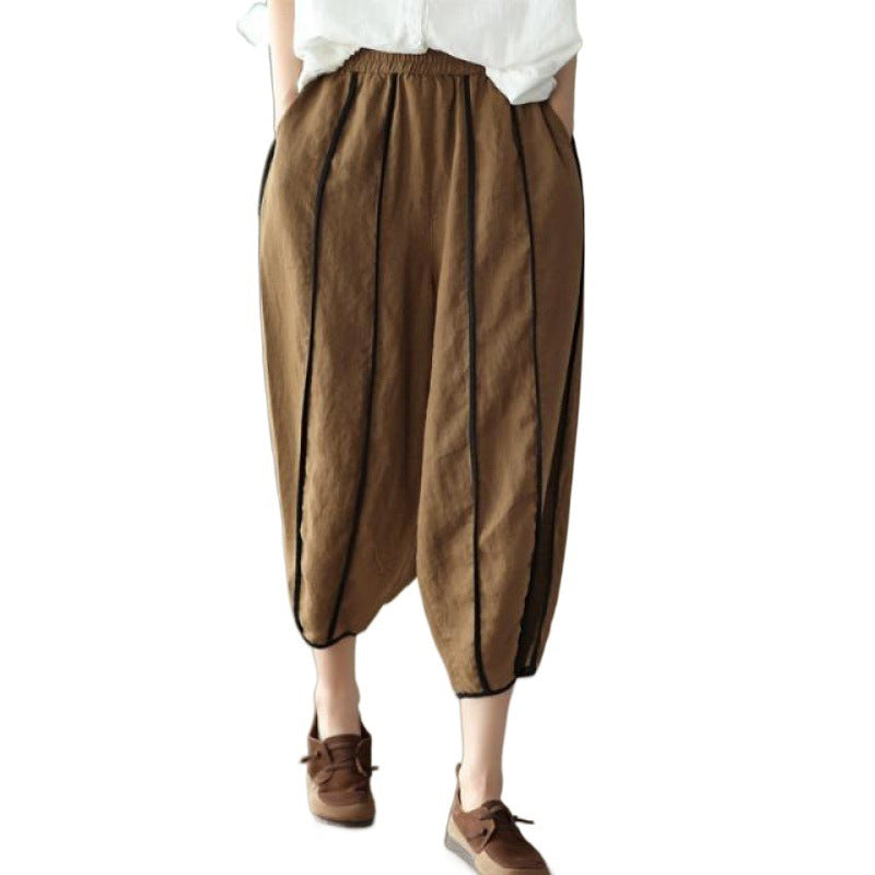 Summer Thin Striped Cotton And Linen Cropped Pants For Women