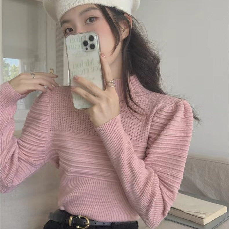 Half Turtleneck Sweater Slimming Puff Sleeve Sweater