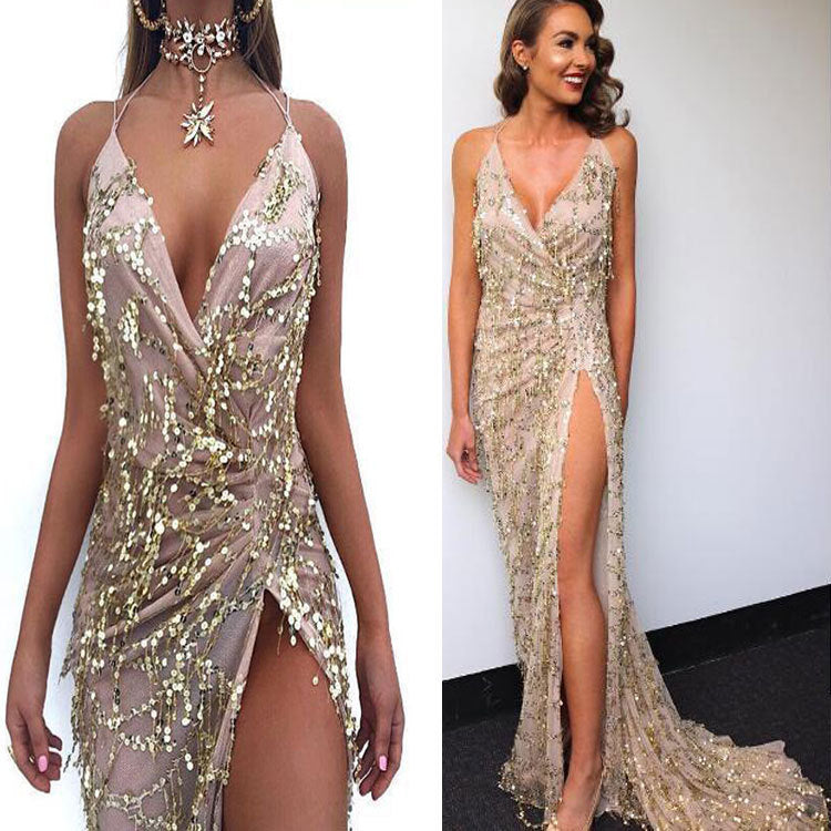 V-neck sexy halter strap sequin dress