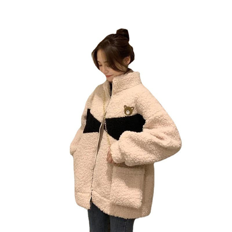 Lamb Wool Plus Velvet Jacket Female Design Sense Contrast Color