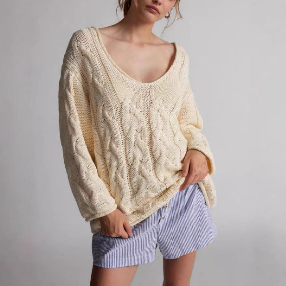 Loose V-neck Twist Knitted Pullover Sweater Women