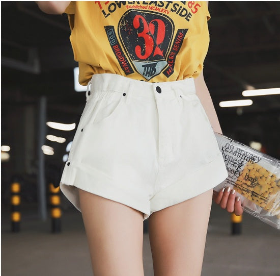 High waist denim shorts female elastic waist waist cuff wide leg pants shorts loose new retro Korean version