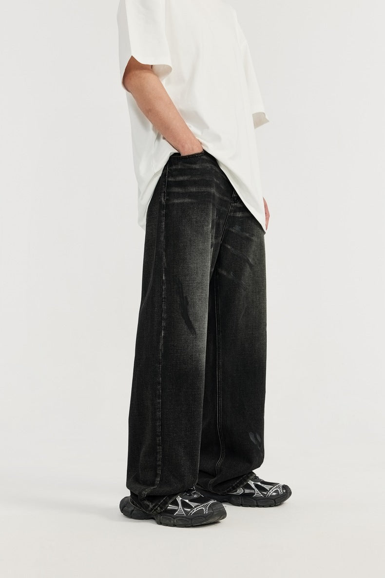 Distressed Loose Straight Retro Brushed Wide Leg Jeans