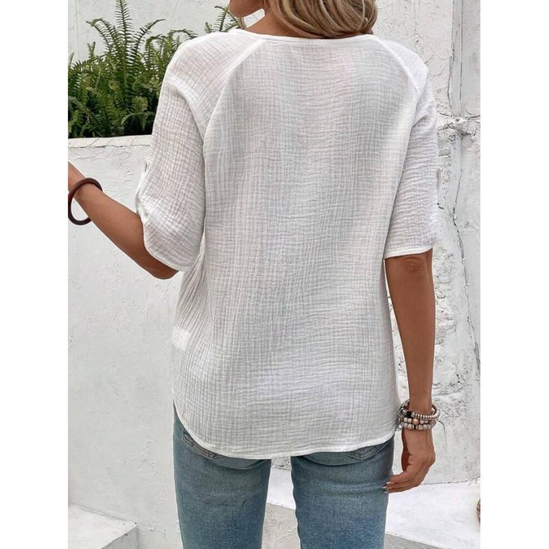 European And American Summer Women's Fashion Solid Color Short Sleeve Button White Shirt