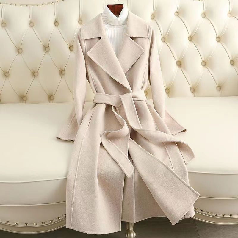 Mid-length Below The Knee Slim Fit Lace-up Woolen Coat High-end Woolen Coat