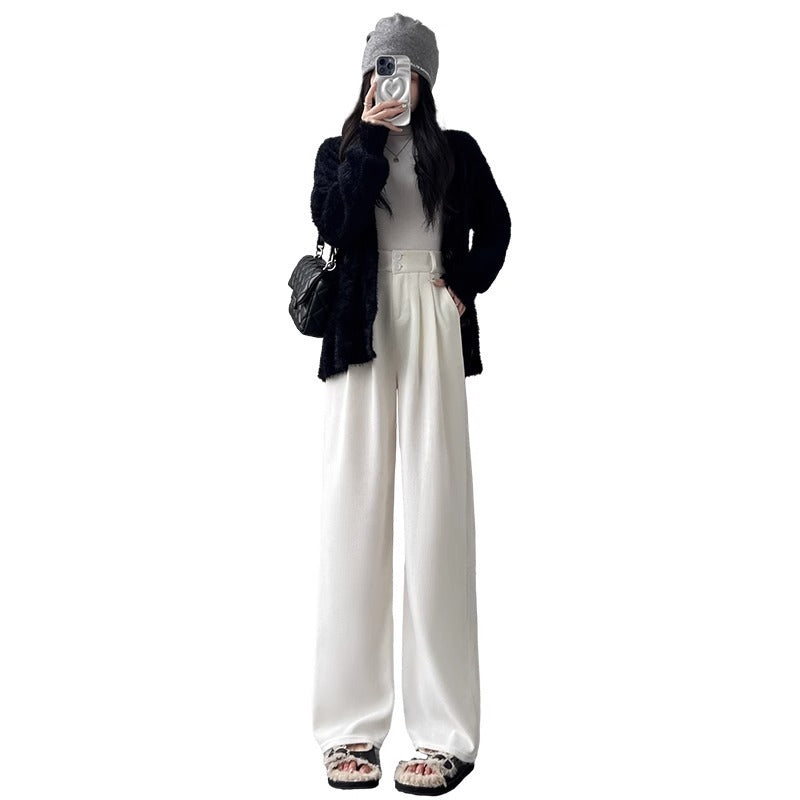 White Corduroy Wide-leg Pants Women's Narrow Straight