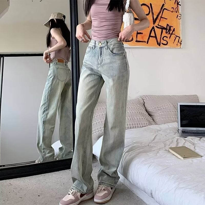 Mop Jeans Straight Loose All-match High Waist Wide Leg Women