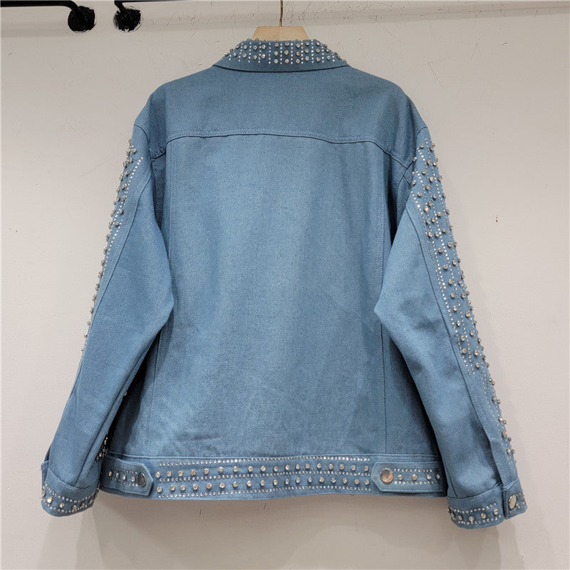 Denim Coat Women's Loose Slimming Super Heavy Work Full Diamond Jacket Top