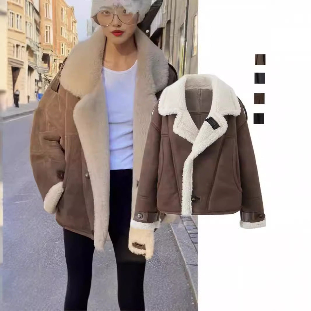 American Retro Street Style Suede One-piece Loose Lamb Wool Thickened Warm Lapel Motorcycle Clothing