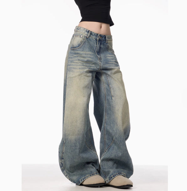 American Retro Washed Distressed Loose Wide-leg Jeans For Women