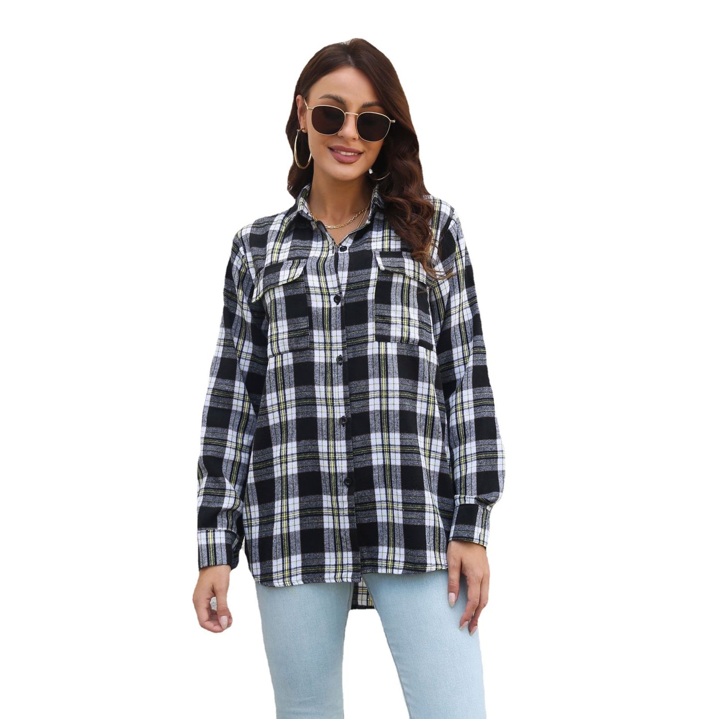 Plaid Shirt Brushed Long Sleeve Mid-length Loose Shirt