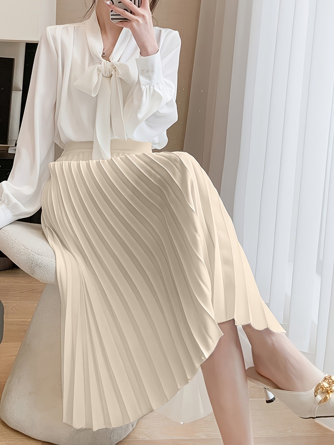 Fashion Women Solid Color Pleated Skirt Female