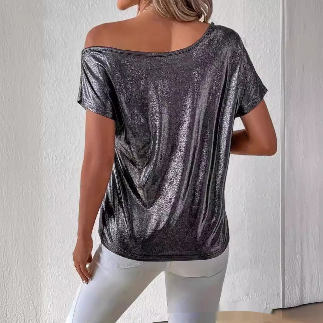 Party Off-the-shoulder Sequined Short-sleeved T-shirt Women's Top