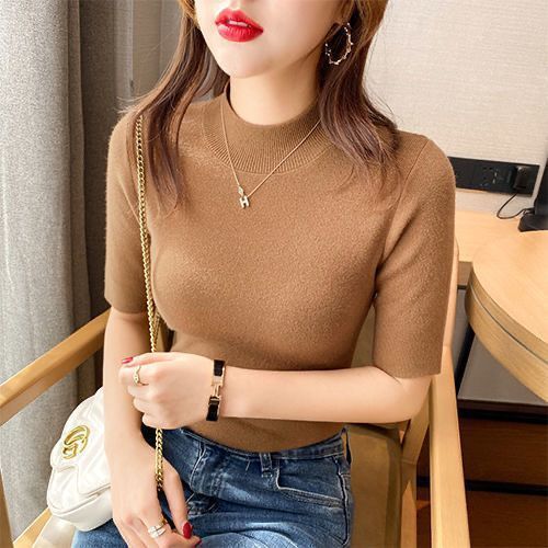 Solid Color Early Autumn Mock-neck Mid-length Sleeve Tight Bottoming Shirt For Women