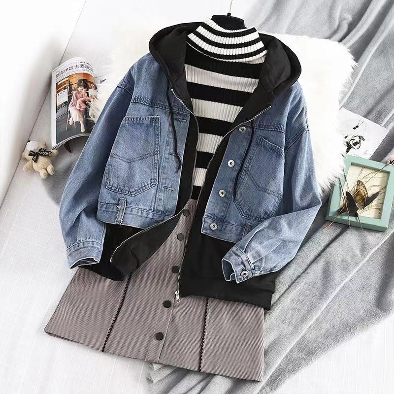 Loose Casual Denim Jacket Sweater Coat With Hat