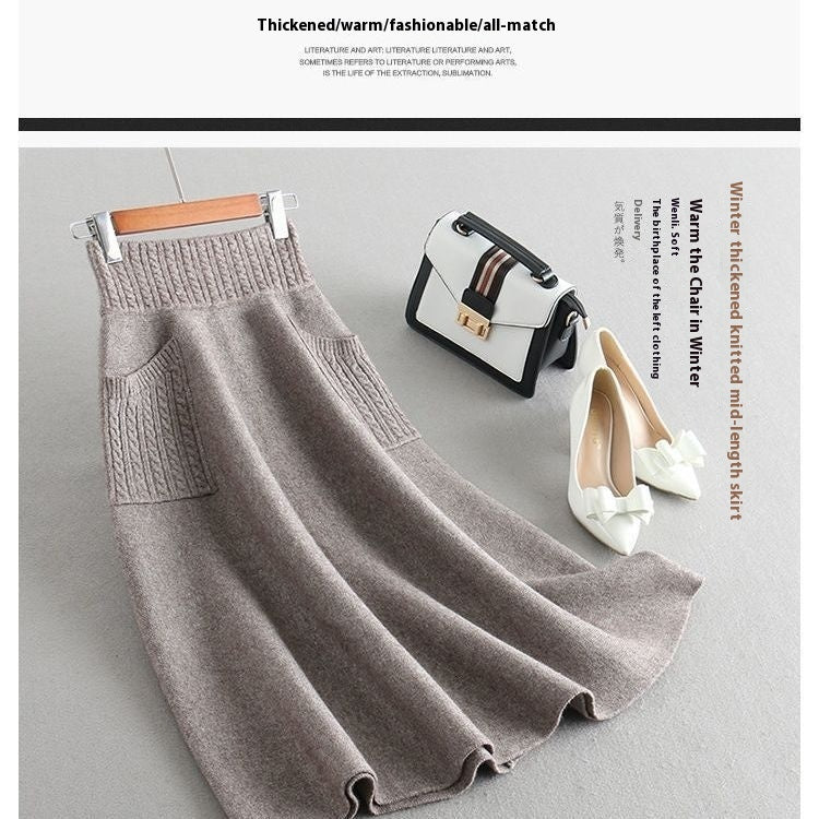 Mid-length Fall Winter Skirt Women's Knitted Bud Skirt Double Pockets