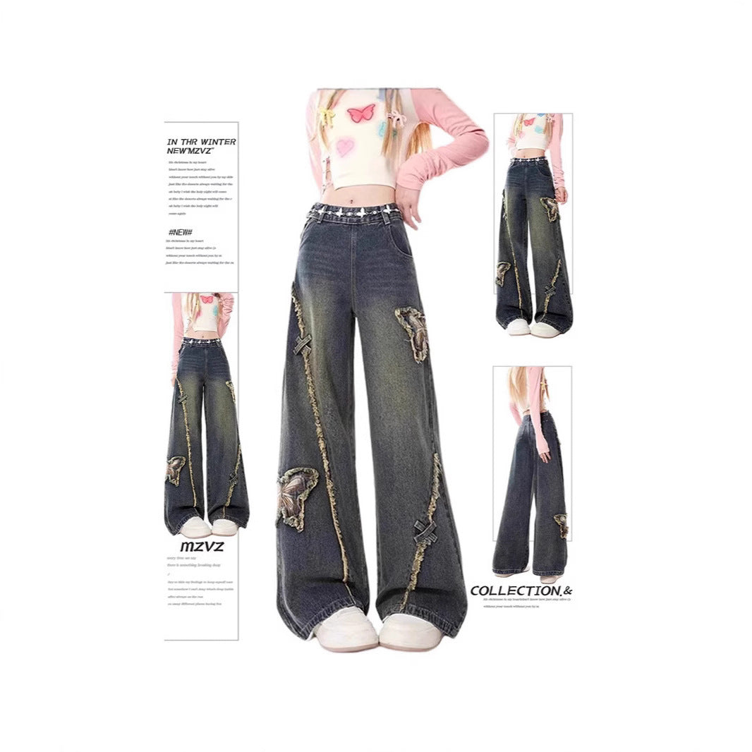 Retro Butterfly Patch Raw Edge Denim New High Street Design Straight Mop Pants