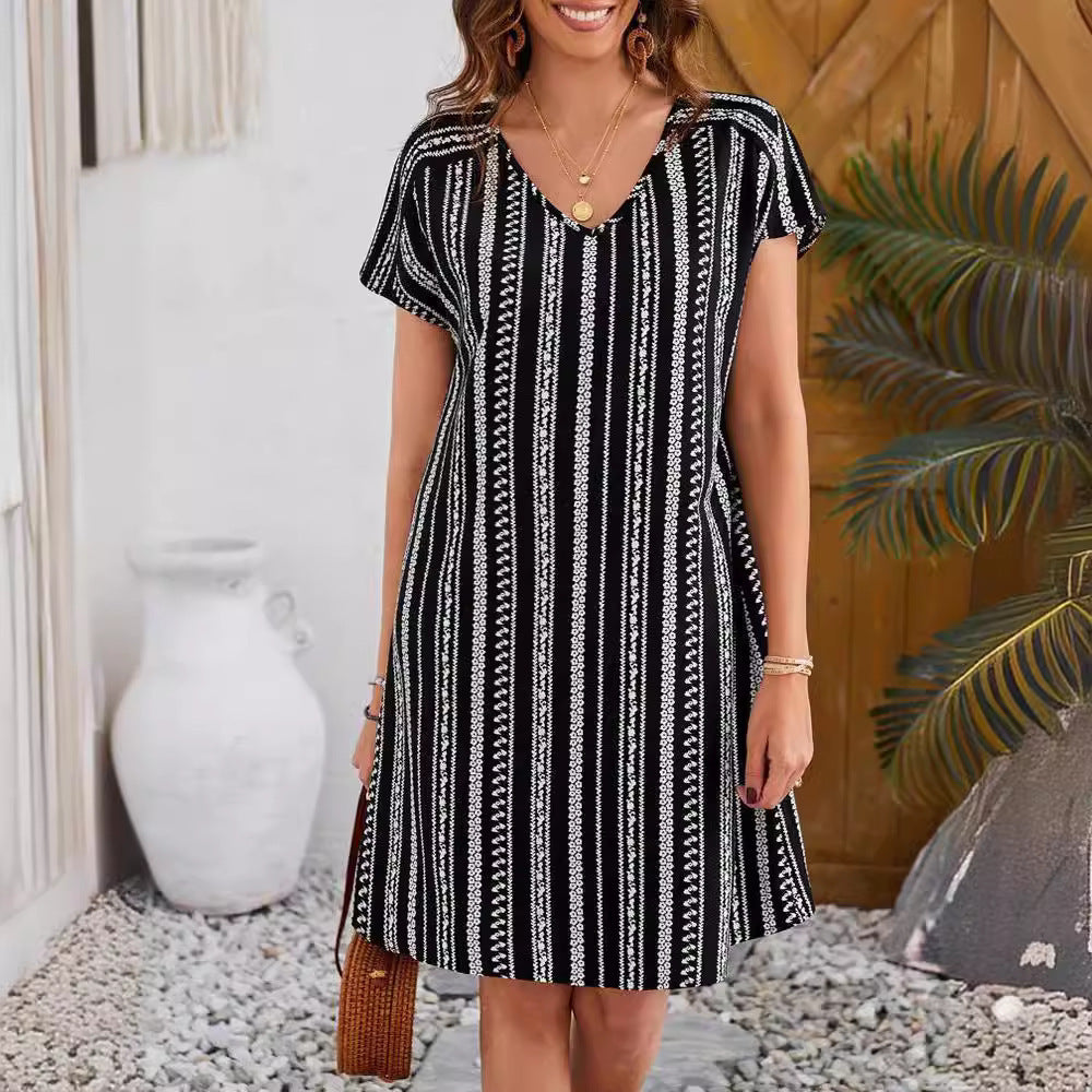 Elegant Striped Print Loose V-neck Dress