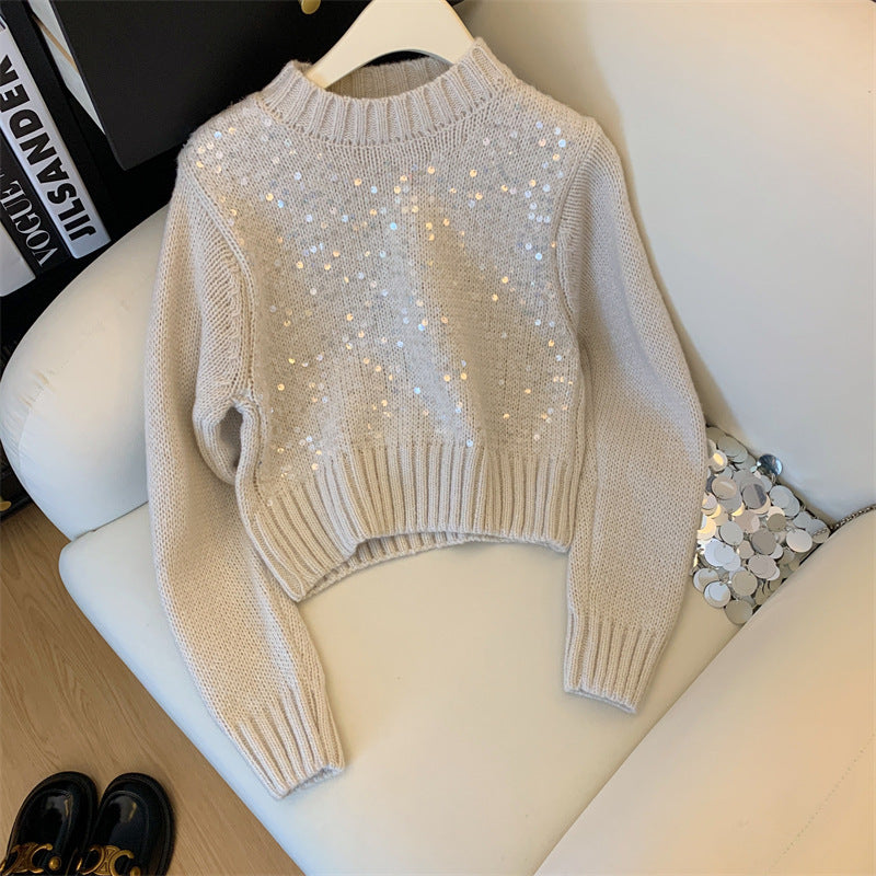 Autumn And Winter New Round Neck Heavy Embroidery Sequins Knitwear Top For Women