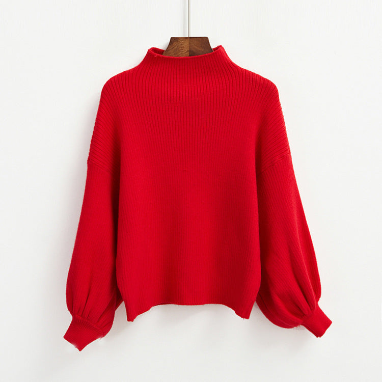 Half Turtleneck Lantern Sleeve Sweater Loose Slim Looking Base Knitwear