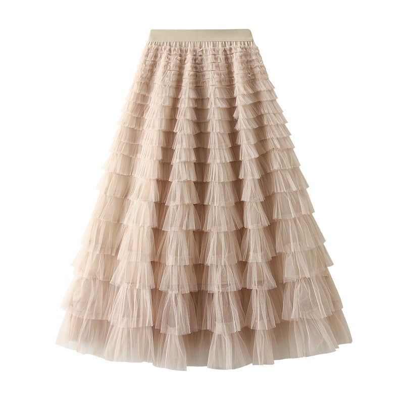 A-Line Mesh Ruffle Skirt Women's Temperament Sweet Long Skirt Slim Cupcake Dress Womens Clothing