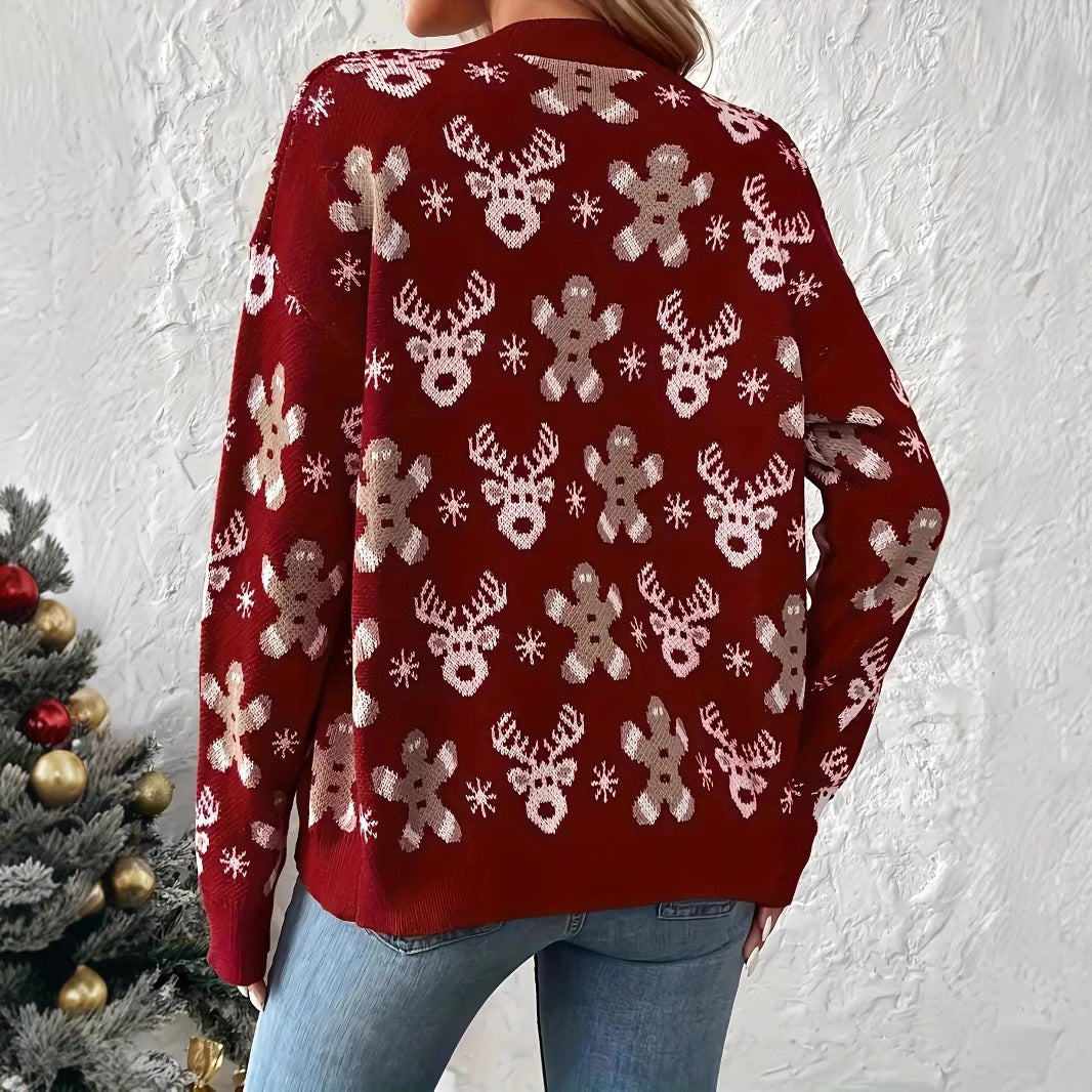 Knitted Red V-neck Christmas Sweater