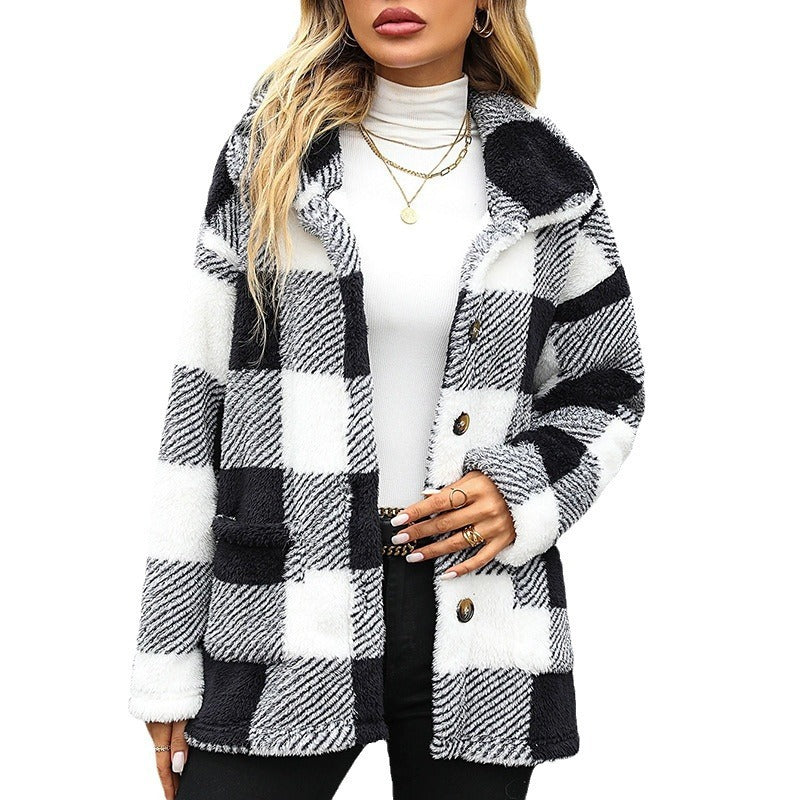 European And American Fashion Autumn And Winter Women's Lapel Long Sleeve Mid-length Plaid