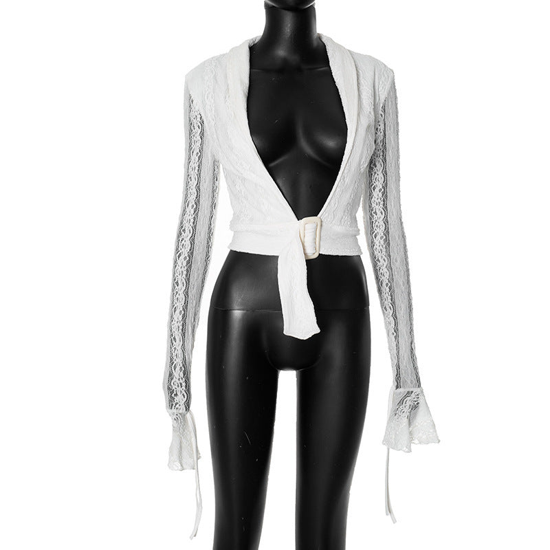 White With Low Collar Lace Long Sleeve Top