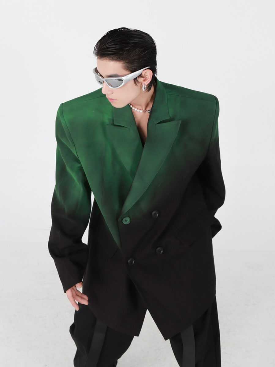 Niche Black Green Gradient Padded Shoulder Profile Suit Jacket Loose Advanced Design Neutral