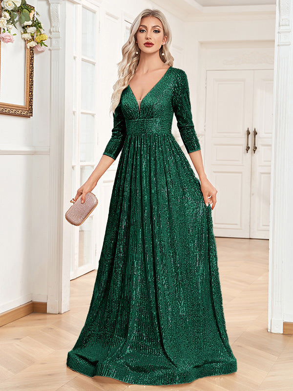 Sequined Fall V-neck High Waist Party Formal Dress