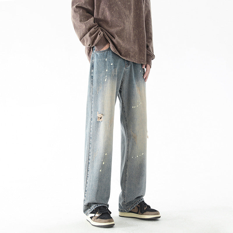 Water Washed Hole Jeans Men's Straight-leg Trousers