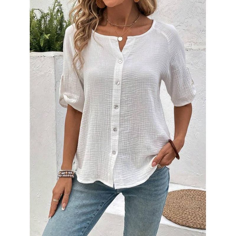 European And American Summer Women's Fashion Solid Color Short Sleeve Button White Shirt