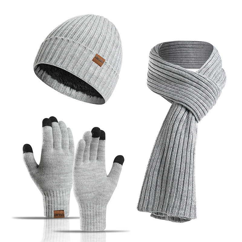 Winter Solid Color Scarf Hat Gloves Knitted Three-piece Suit