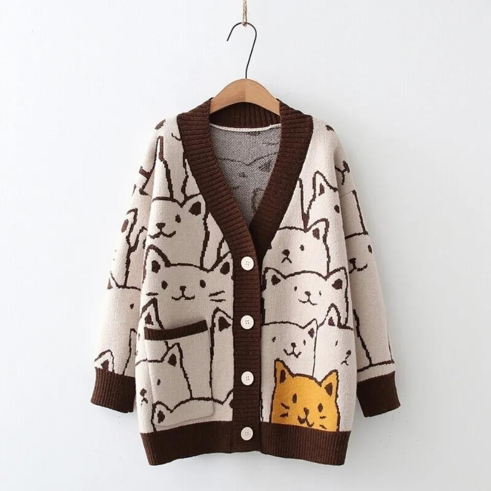 Loose Western Style Long Sleeve Knitted Cardigan Cartoon Sweater