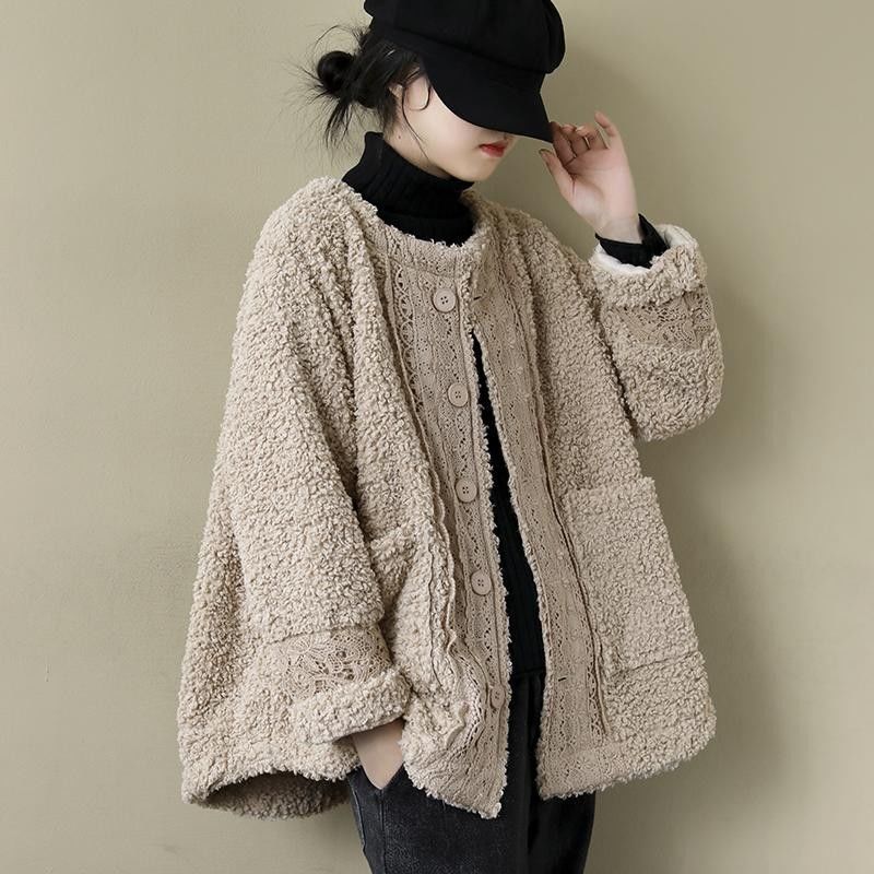 Artistic Retro Loose Long Sleeve Warm Coat Lambswool