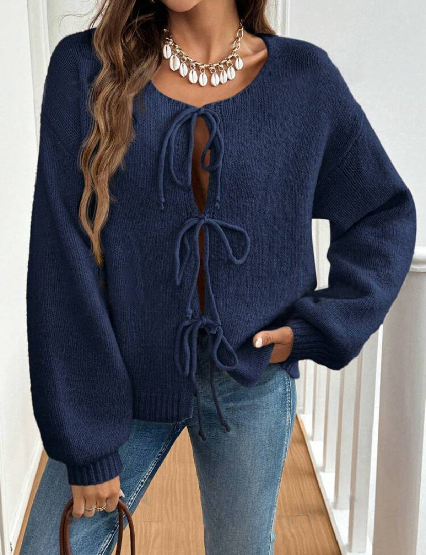 Women's Casual Loose Cardigan Lace-up Solid Color Sweater