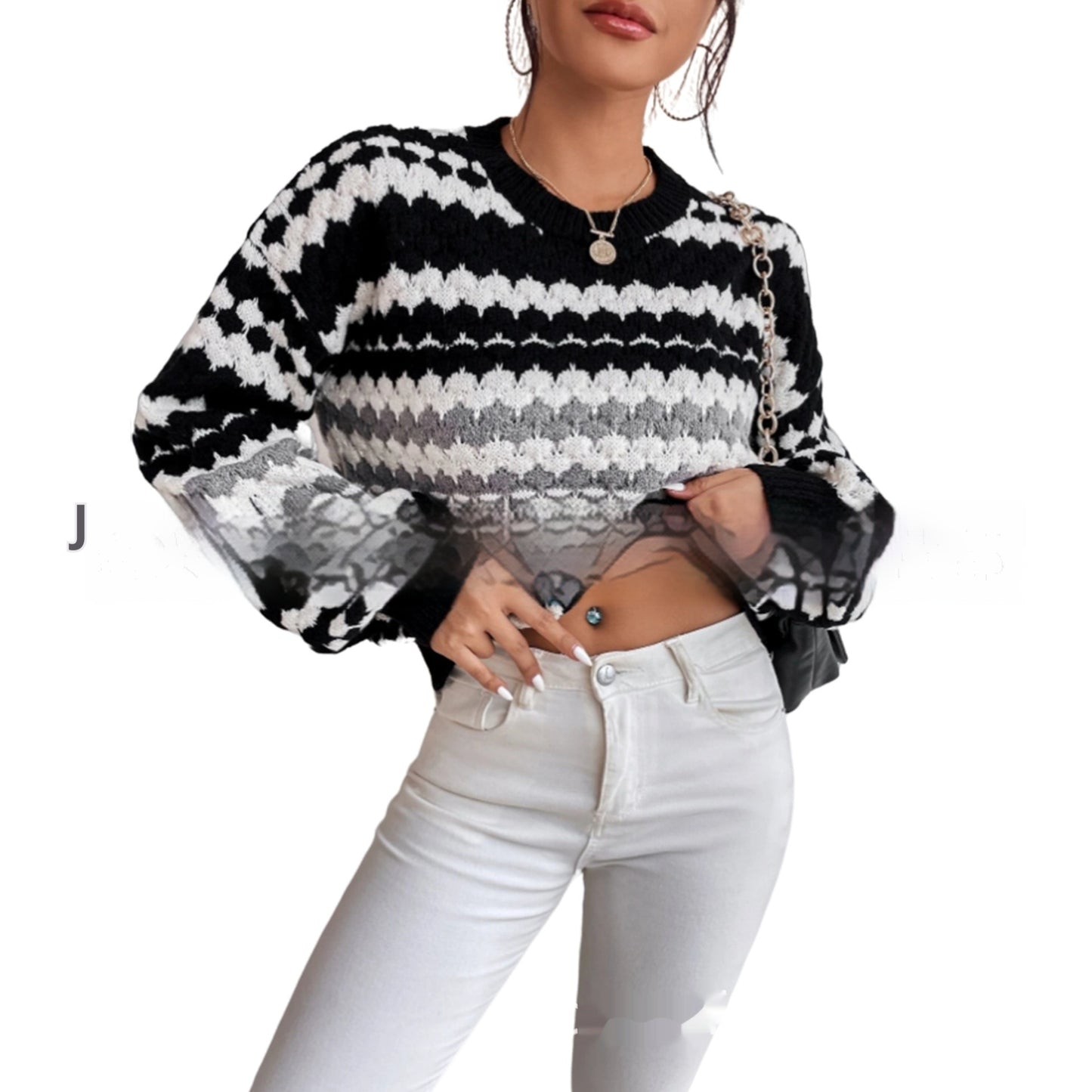 Black And White Striped Knitted Loose Mid-length Lazy Sweater