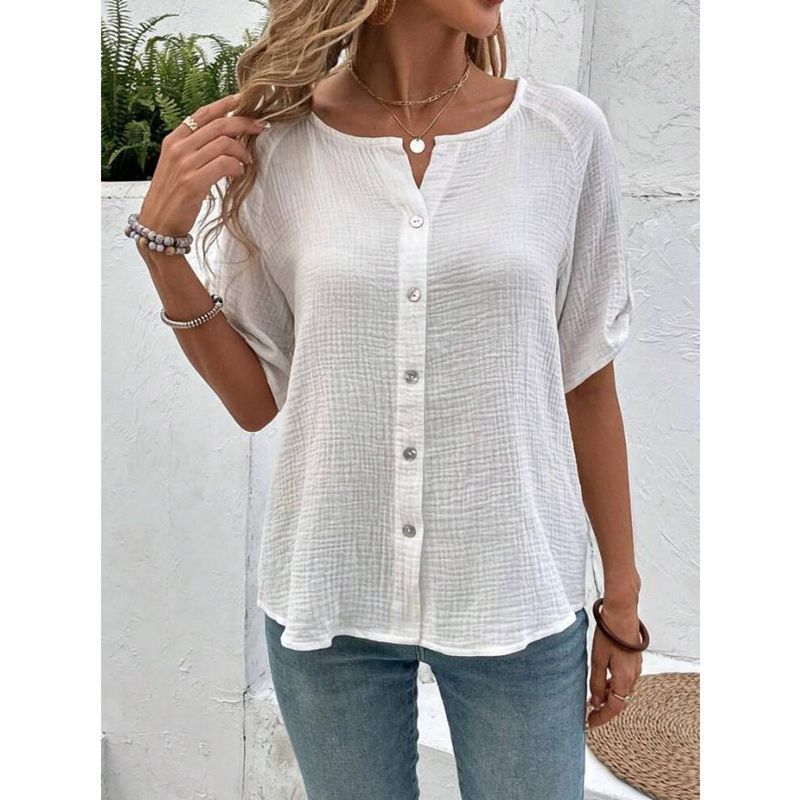 European And American Summer Women's Fashion Solid Color Short Sleeve Button White Shirt