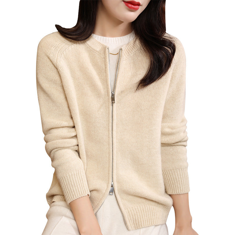 Autumn And Winter Pure Wool Cardigan Women's Round Neck Loose