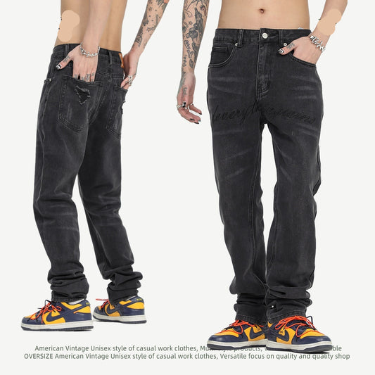 American-style Slim Fit Stretch-free High Street Retro Washed Jeans