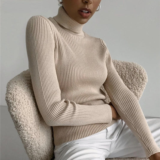 Solid Color Pit Strip Knit Pullover Turtleneck Sweater