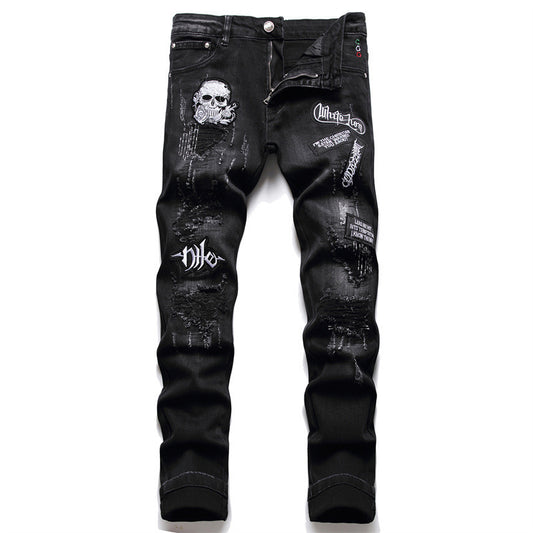 Black Slim-fit Skull Ripped High Street Jeans