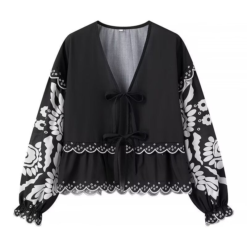 French Fashion Vintage Embroidered Flared Long Sleeve Lace-up Shirt