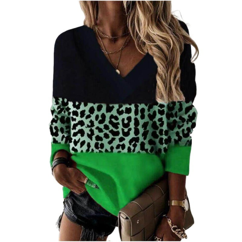 V-neck Leopard Print Splicing Long Sleeve Sweatshirt Tops