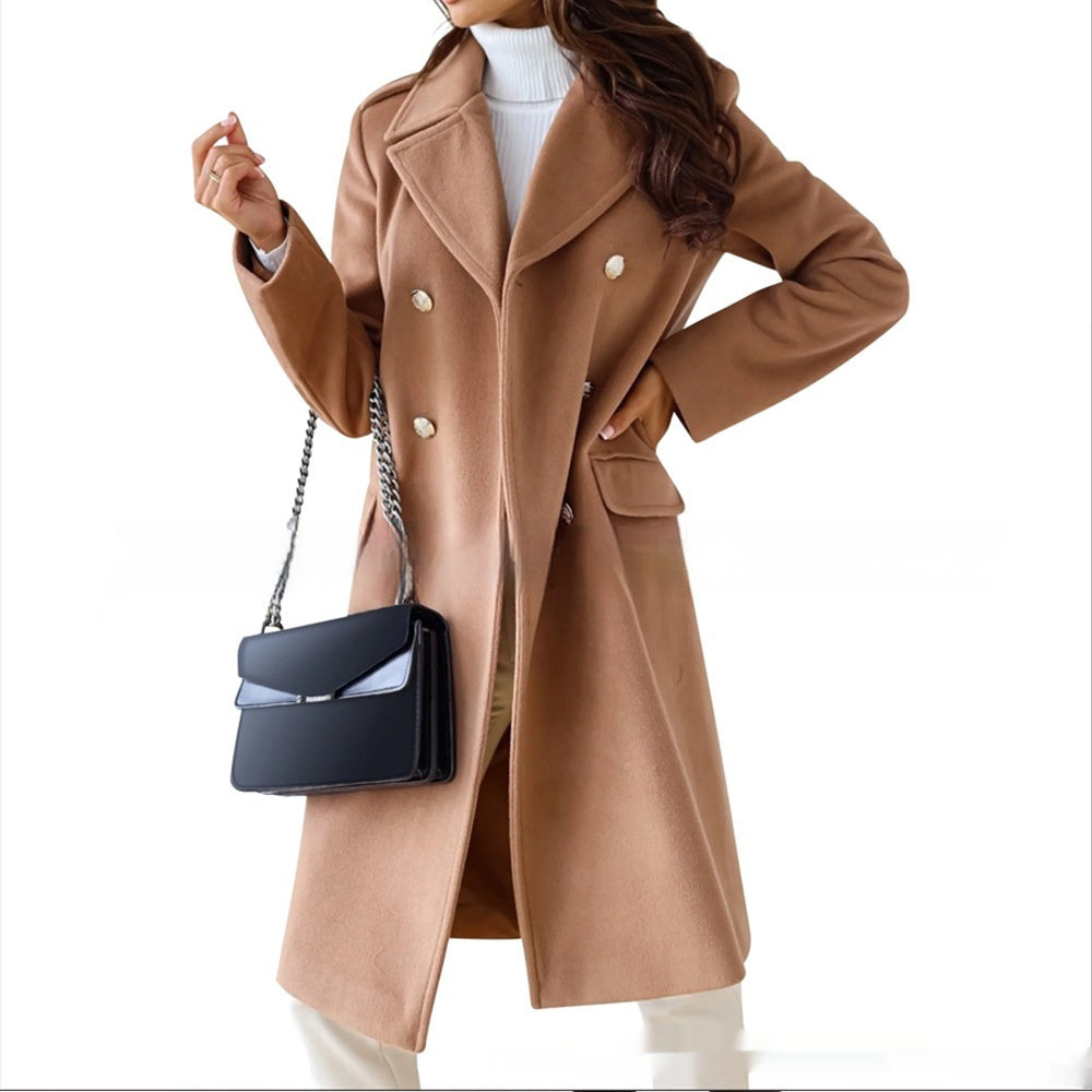 Simple Double Breasted Woolen Coat For Women