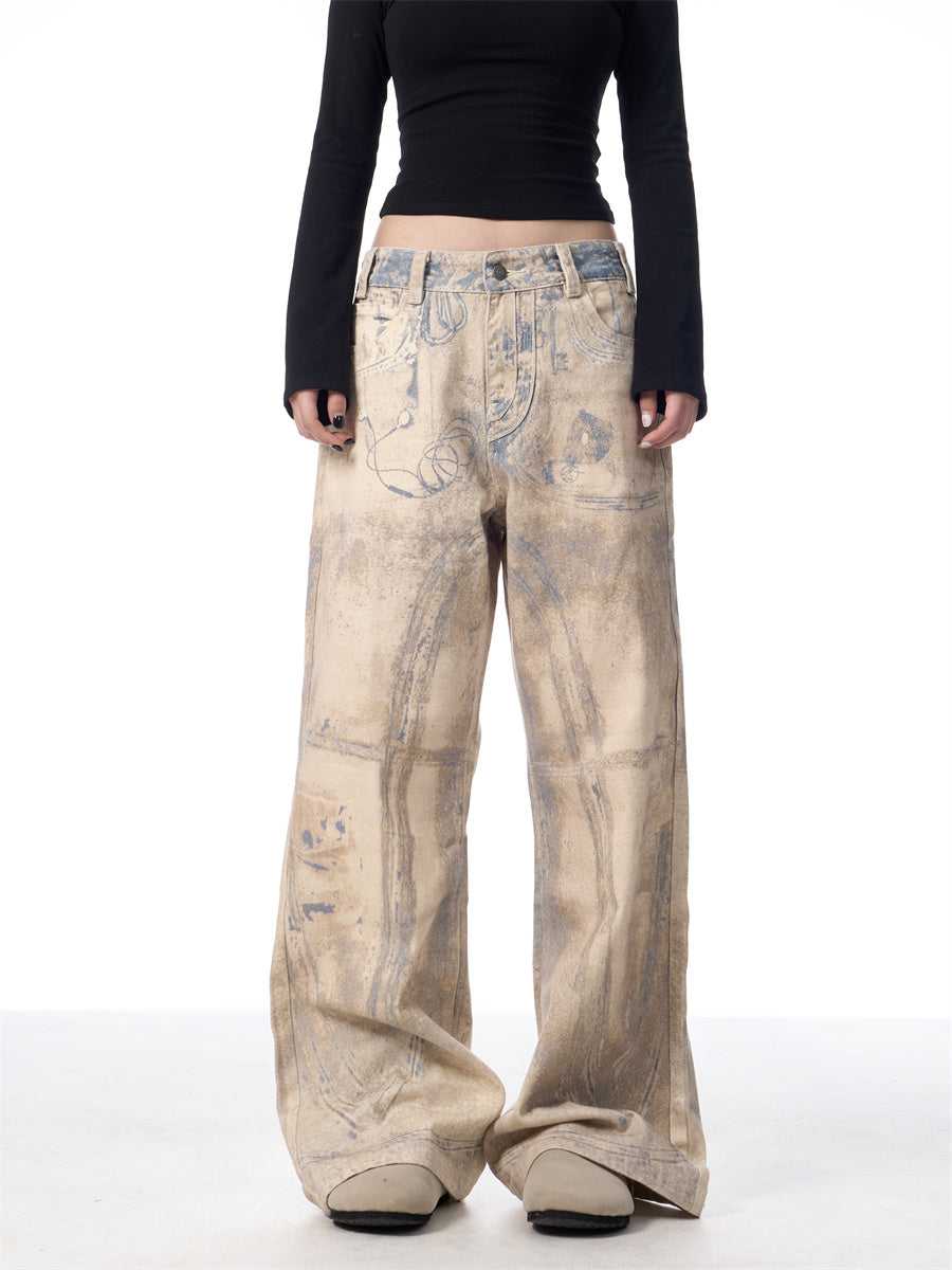 Retro 3D Printing Laser Full Printed Washed Jeans