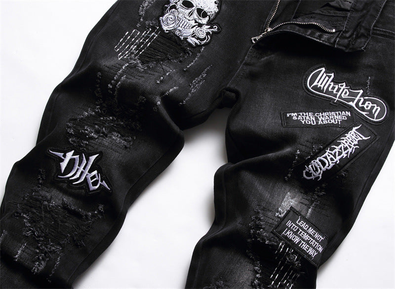 Black Slim-fit Skull Ripped High Street Jeans