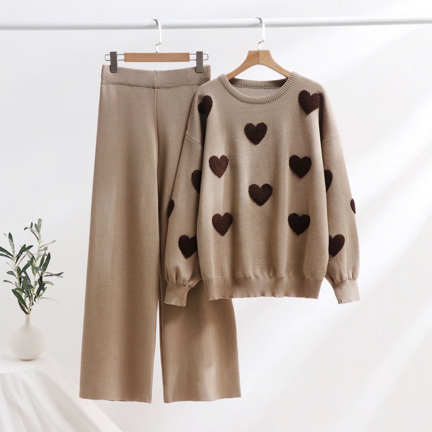 Heart Knitted Pants Outfit Top Two-piece Set