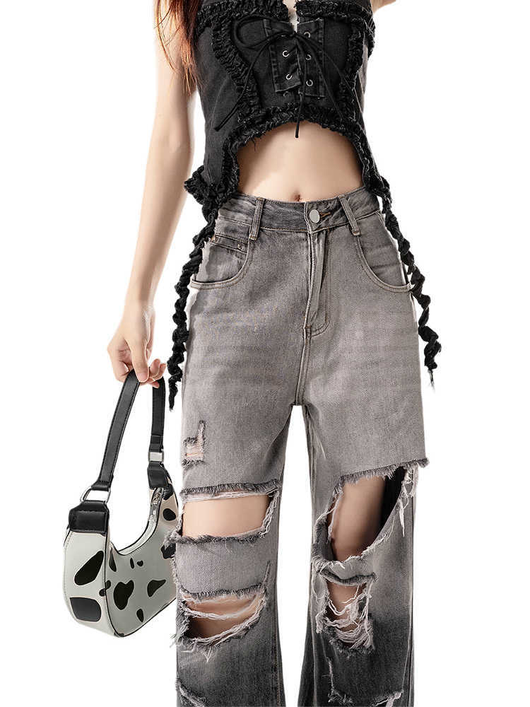 Black Gradient Ripped Wide-legged Jeans Women's High Waist Loose Straight Trousers